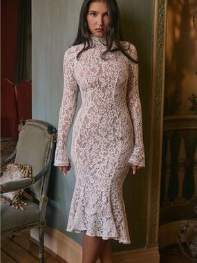 House of CB Blush Lace High-Neck Long-Sleeve Midi Dress